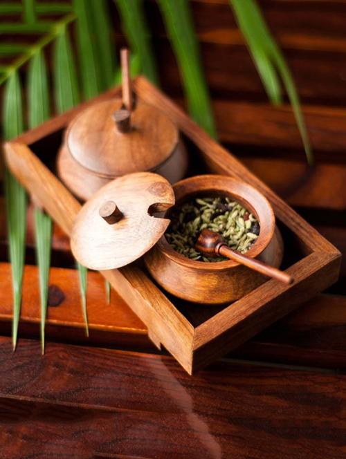 indikala decorative sheesham wooden fancy jar set with ethnic tray with two bowls & spoons for serving, home, kitchen - 14853558 - Very Small Image - 1