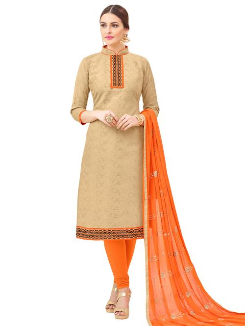 beige cotton embroidered unstitched suit - 14861366 - Very Small Image - 1