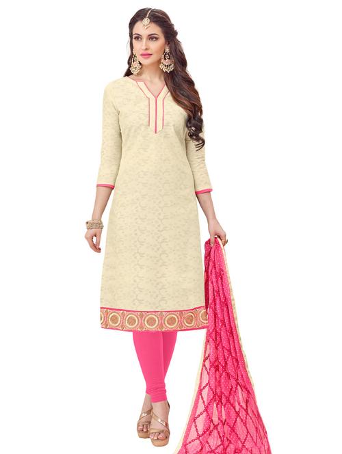 cream cotton embroidered unstitched suit - 14861392 - Very Small Image - 1