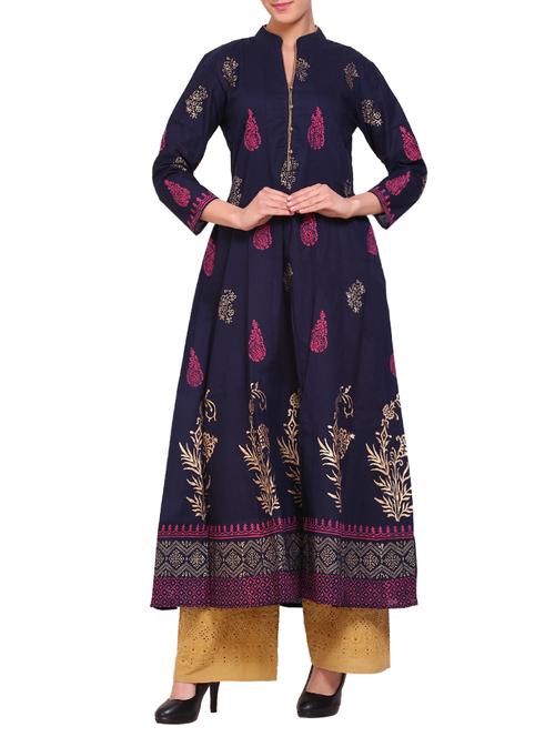 navy blue cotton flared kurta - 14863390 - Very Small Image - 1