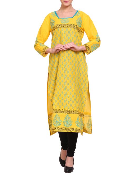 yellow cotton straight kurta - 14863408 - Very Small Image - 1