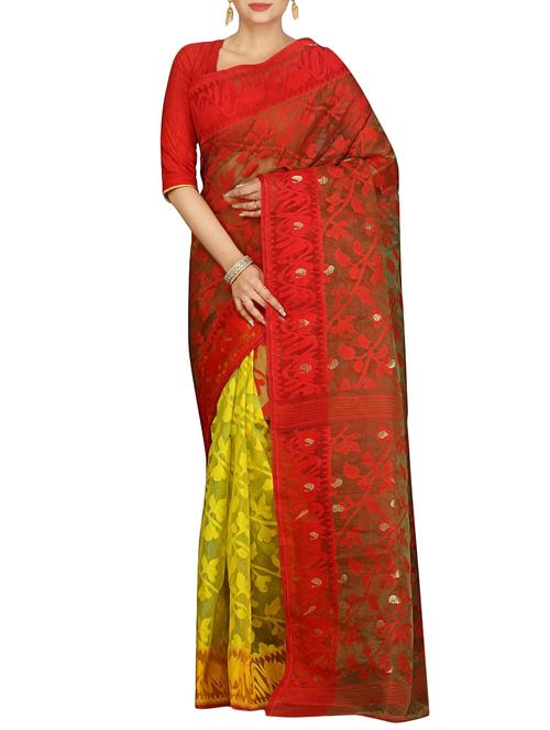 red cotton silk jamdani saree - 14866542 - Very Small Image - 1