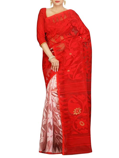 red cotton silk jamdani saree - 14866557 - Very Small Image - 1