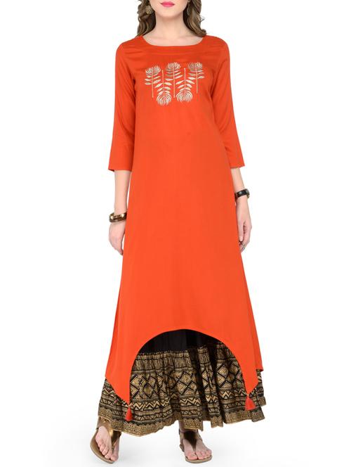 asymmetric embroidered kurta with foil printed skirt - 14867220 - Very Small Image - 1