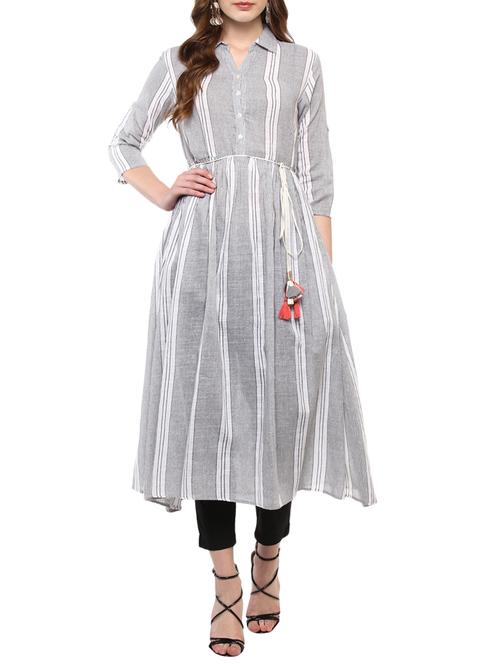 grey cotton flared kurta - 14877707 - Very Small Image - 1