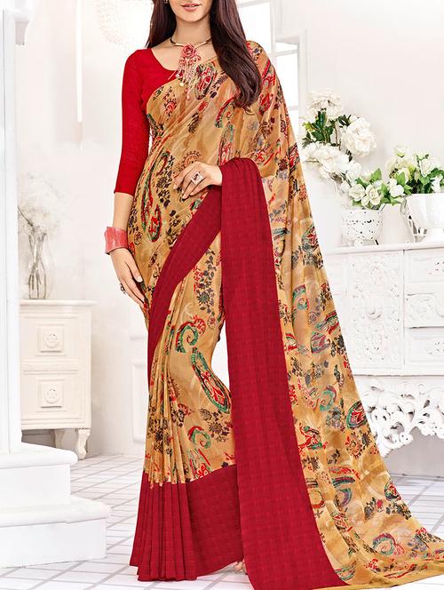 beige cotton printed saree with blouse - 14881272 - Very Small Image - 1