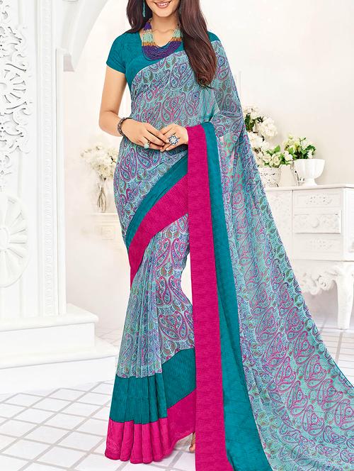 blue printed saree with blouse - 14881276 - Very Small Image - 1