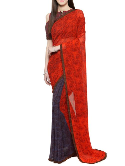 red georgette printed saree with blouse - 14884125 - Very Small Image - 1