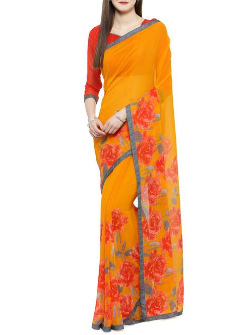 yellow georgette printed saree with blouse - 14884138 - Very Small Image - 1