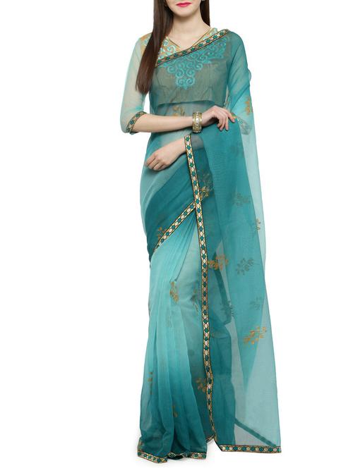 blue cotton blend printed saree with blouse - 14884188 - Very Small Image - 1