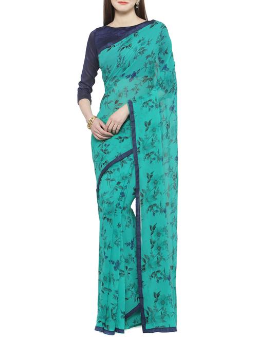 women's printed blue colored saree with blouse - 14884233 - Very Small Image - 1