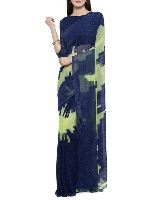 blue georgette printed saree with blouse - 14884241 - Very Small Image - 1