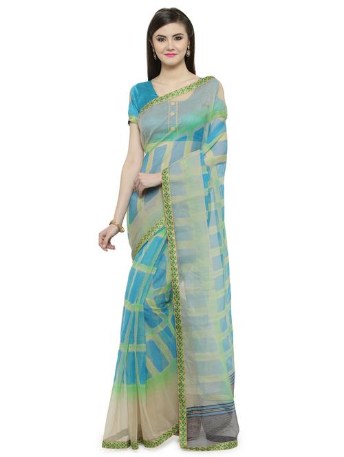 blue printed saree with blouse - 14884255 - Very Small Image - 1