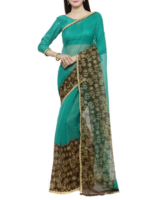 women's printed green colored saree with blouse - 14884270 - Very Small Image - 1