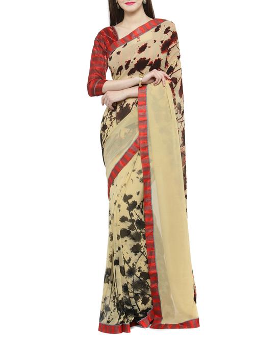 beige printed saree with blouse - 14884285 - Very Small Image - 1