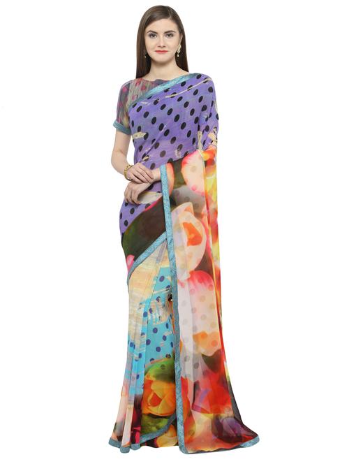 blue georgette printed saree with blouse - 14884289 - Very Small Image - 1
