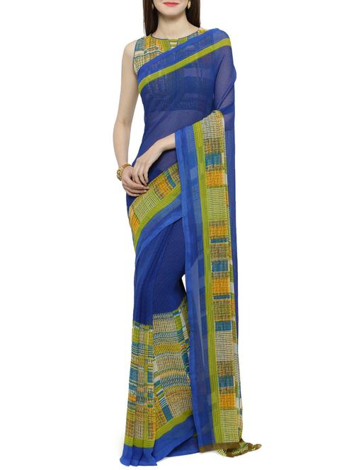 blue georgette printed saree with blouse - 14884295 - Very Small Image - 1
