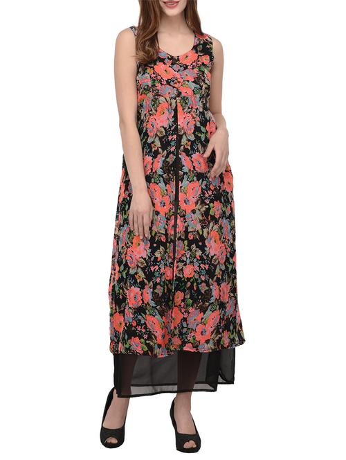 black printed layered floral dress - 14884745 - Very Small Image - 1