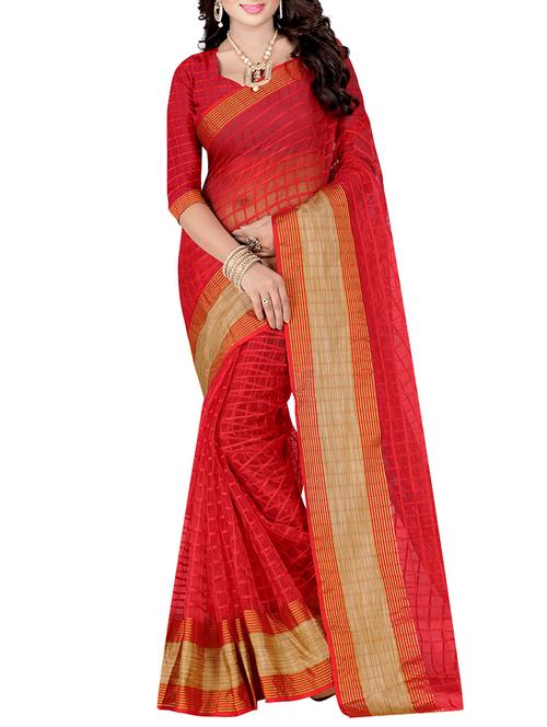 red cotton blend saree with blouse - 14884828 - Very Small Image - 1