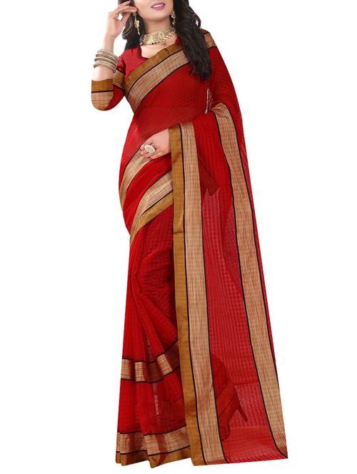 red cotton blend saree with blouse - 14884835 - Very Small Image - 1