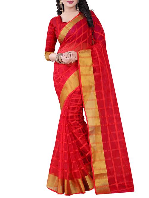 red cotton blend saree with blouse - 14884856 - Very Small Image - 1