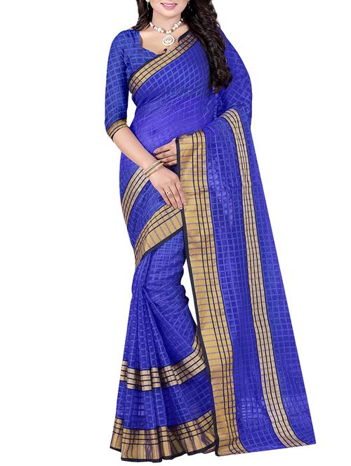 blue cotton blend saree with blouse - 14884875 - Very Small Image - 1
