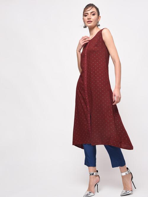 maroon rayon asymmetric solid kurta - 14886633 - Very Small Image - 1