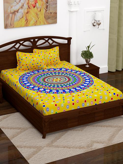 152 tc 100% cotton yellow floral 1 double bedsheet with 2 pillow covers - 14886826 - Very Small Image - 1