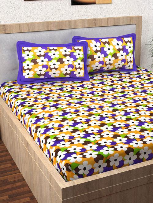 120 tc 100% cotton blue & yellow printed double bedsheet with 2 pillow covers - 14886829 - Very Small Image - 1