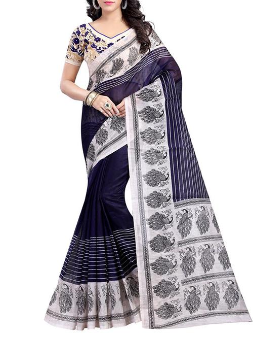 blue silk blend printed saree with blouse - 14887250 - Very Small Image - 1