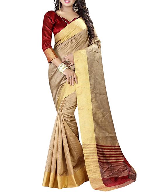 beige cotton bordered saree with blouse - 14887259 - Very Small Image - 1