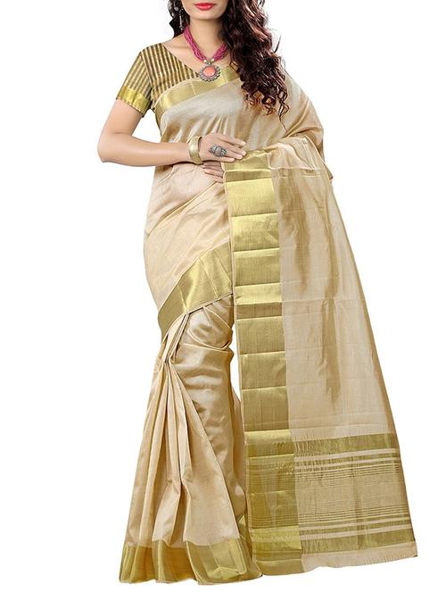 beige cotton bordered saree with blouse - 14887269 - Very Small Image - 1