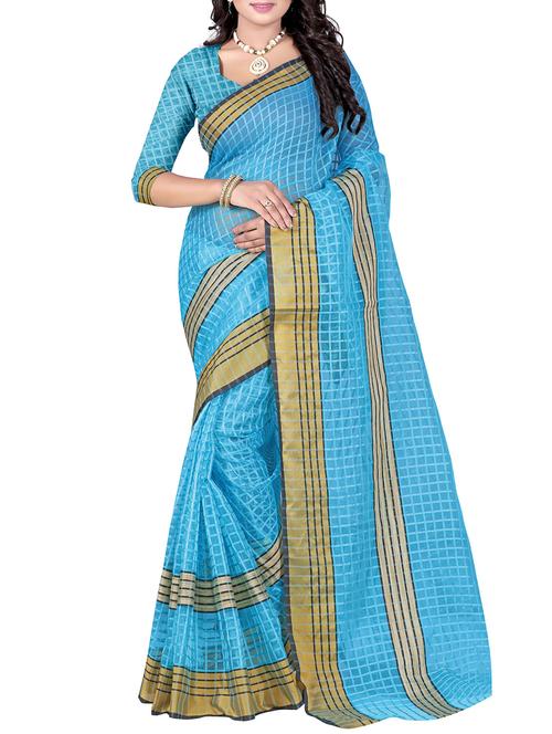 blue cotton blend saree with blouse - 14887330 - Very Small Image - 1
