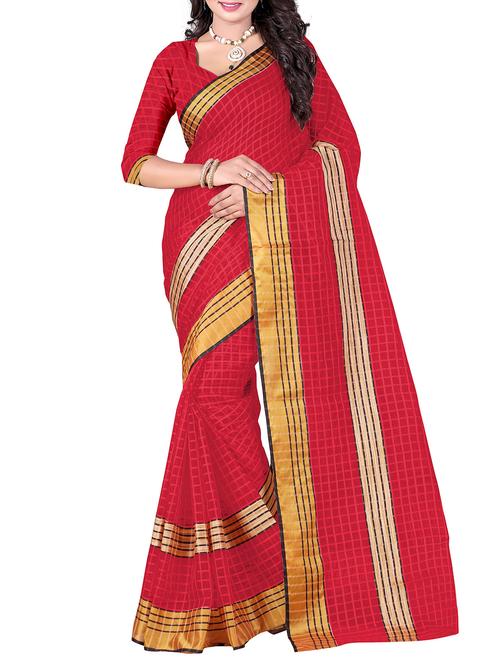 red cotton blend saree with blouse - 14887337 - Very Small Image - 1