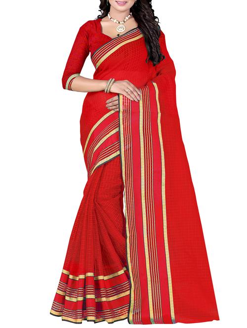 red cotton blend saree with blouse - 14887343 - Very Small Image - 1