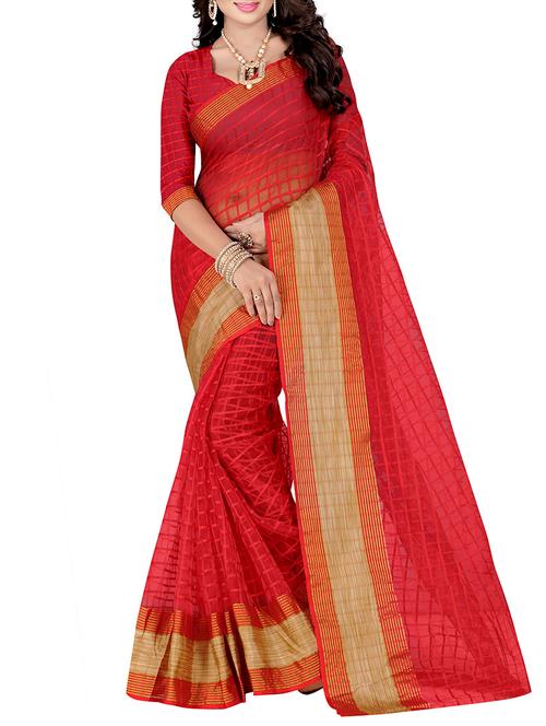 red cotton blend saree with blouse - 14887349 - Very Small Image - 1