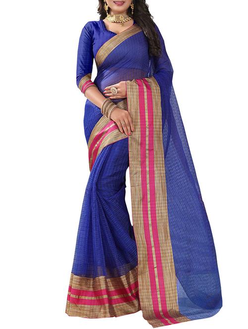 blue cotton blend saree with blouse - 14887364 - Very Small Image - 1