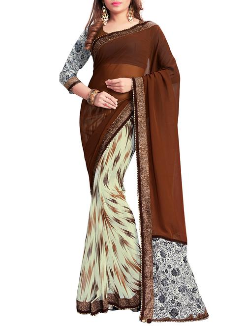 brown georgette printed saree with blouse - 14887382 - Very Small Image - 1