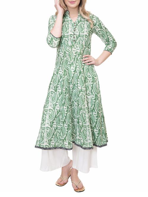 green cotton flared kurta - 14889577 - Very Small Image - 1