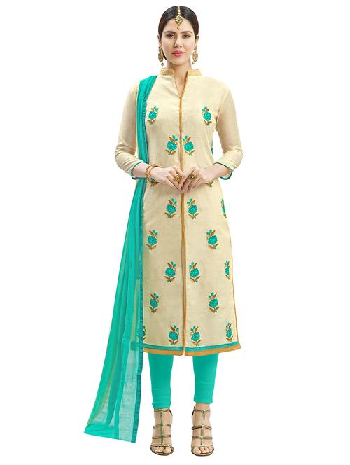 cream chanderi cotton unstitched suit - 14890047 - Very Small Image - 1