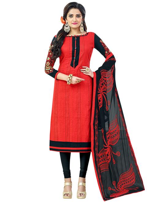 red cotton unstitched suit - 14890069 - Very Small Image - 1