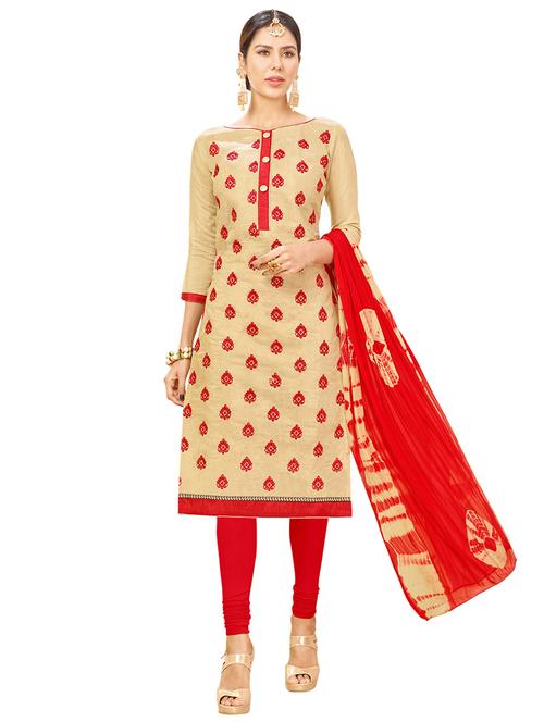 beige chanderi cotton unstitched suit - 14890090 - Very Small Image - 1