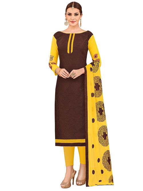 brown cotton unstitched suit - 14890117 - Very Small Image - 1