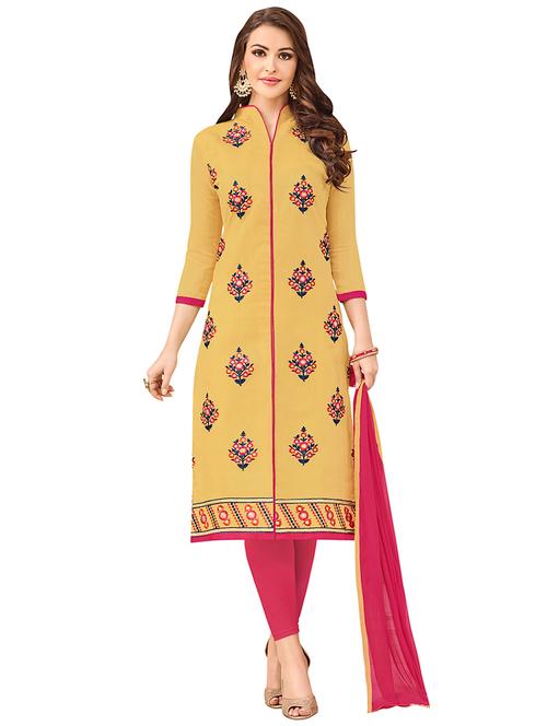 beige cotton unstitched suit - 14890141 - Very Small Image - 1