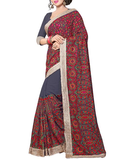 grey georgette embroidered saree with blouse - 14891318 - Very Small Image - 1