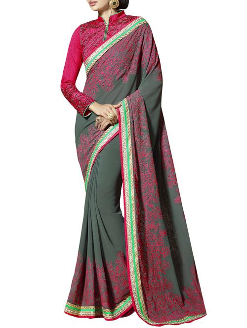 floral embroidered saree with blouse - 14893498 - Very Small Image - 1
