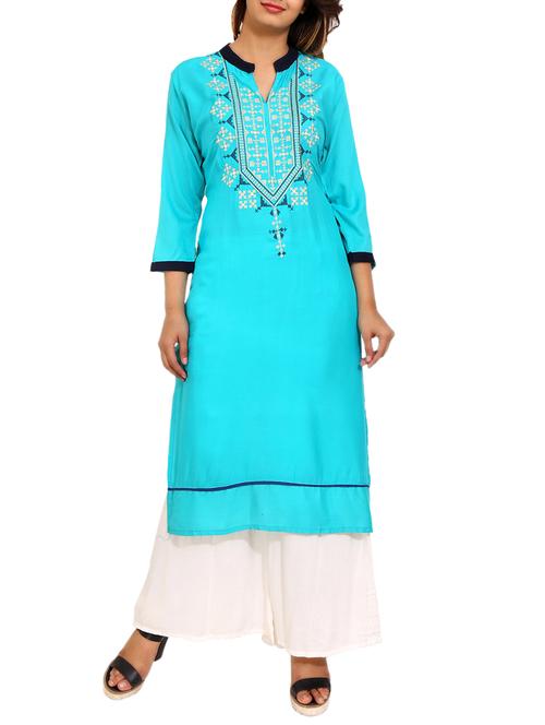 turquoise viscose straight kurta - 14895186 - Very Small Image - 1