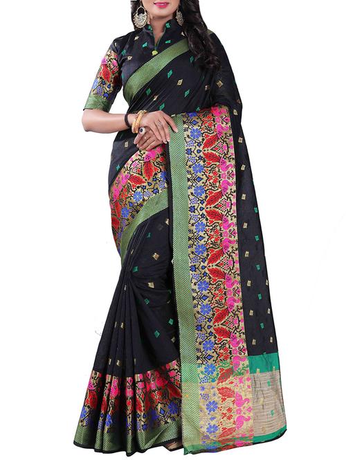 black silk chanderi saree with blouse - 14896704 - Very Small Image - 1