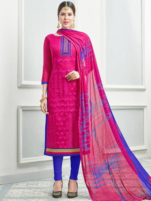 pink chanderi cotton unstitched suit - 14898046 - Very Small Image - 1