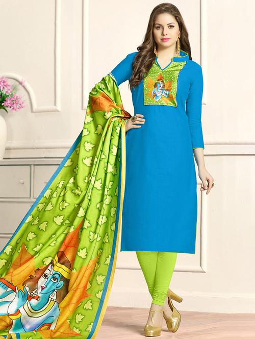 blue cotton unstitched suit - 14898076 - Very Small Image - 1